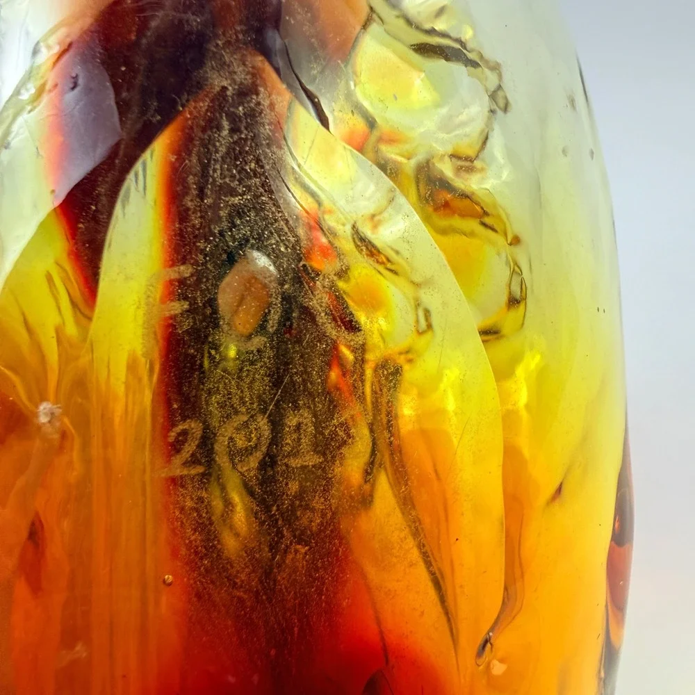 Blenko FOG 2013 Mother & Child Vase Art Glass Tangerine Etched